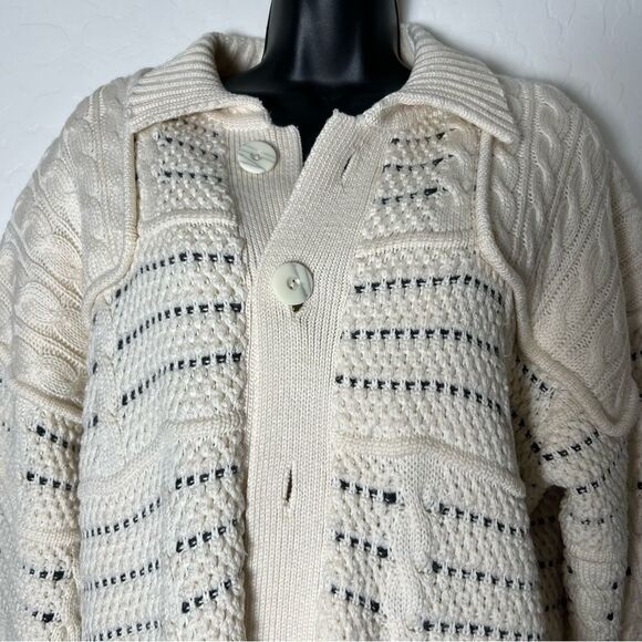 70's LeRoy Grandpa Chunky Wool Blend Textured Knit Oversized Sweater Jacket M - Picture 5 of 17